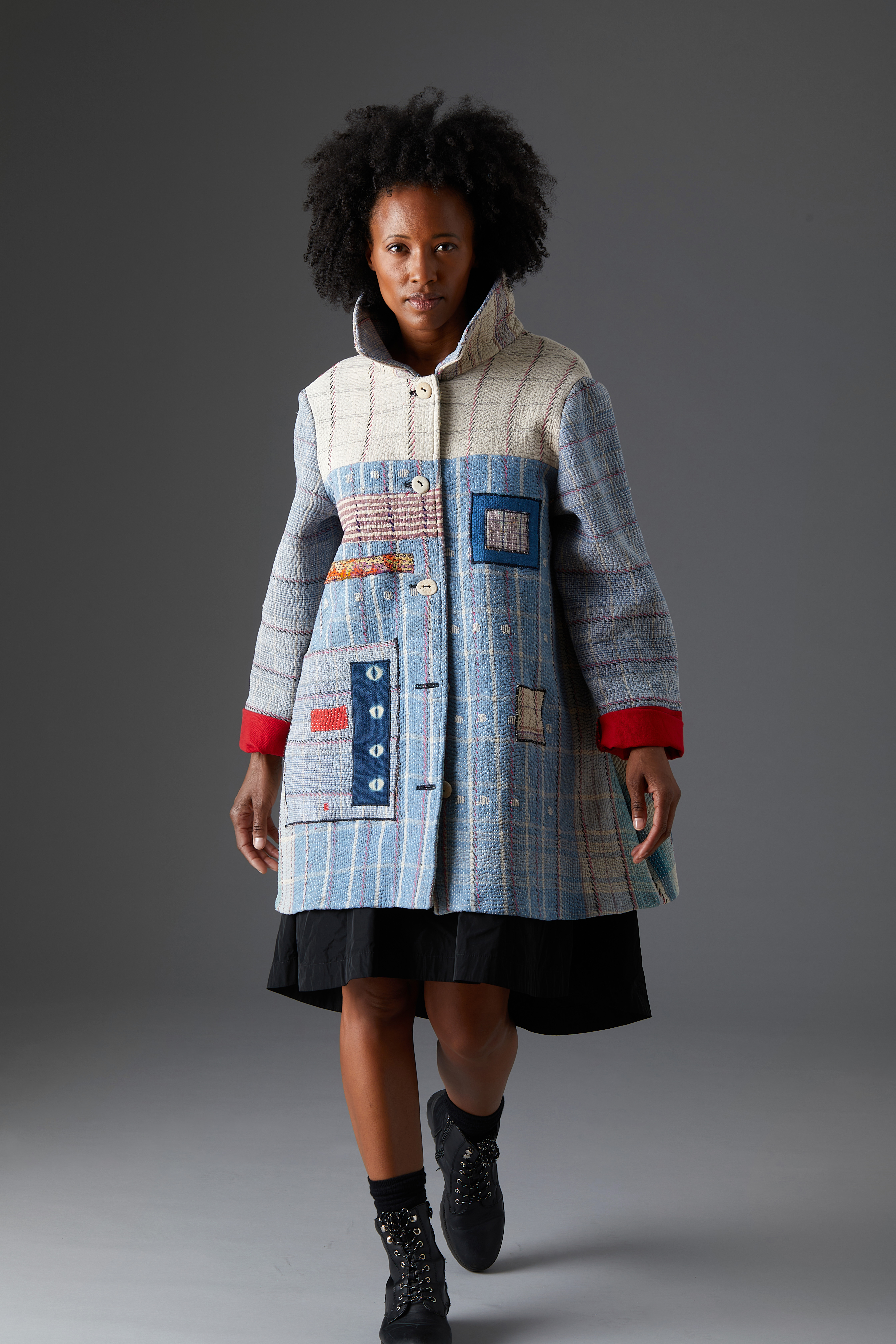 blue and white coat