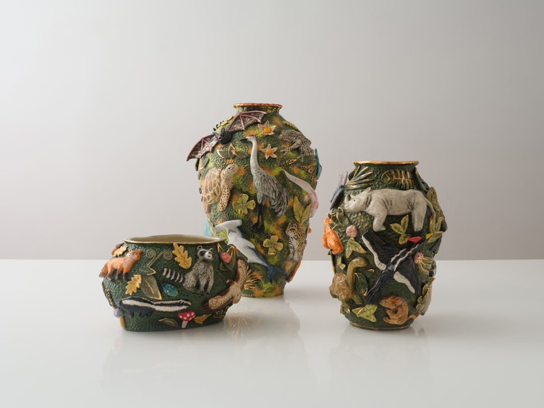 Materials: white stoneware  glazes  gold luster Dimension listed is for largest vessel. Prices: range from $3000-$6000 Technique: handbuilt  sculpted and underglaze painting