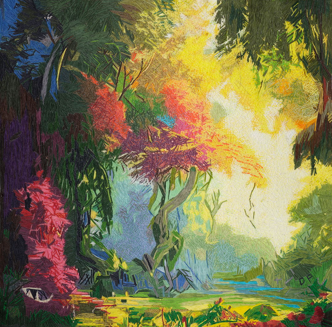 In the heart of a deep forest  a solitary tree stands strong  a testament to resilience and endurance. The lush green leaves  tinged with hints of purple and orange  signal the inevitable change of seasons. This vibrant display of nature’s palette captures the delicate balance between the vitality of late summer and the warm embrace of autumn. The scene invites contemplation of the beauty found in transitions  where every color tells a story of growth  change  and the quiet strength rooted in the earth.