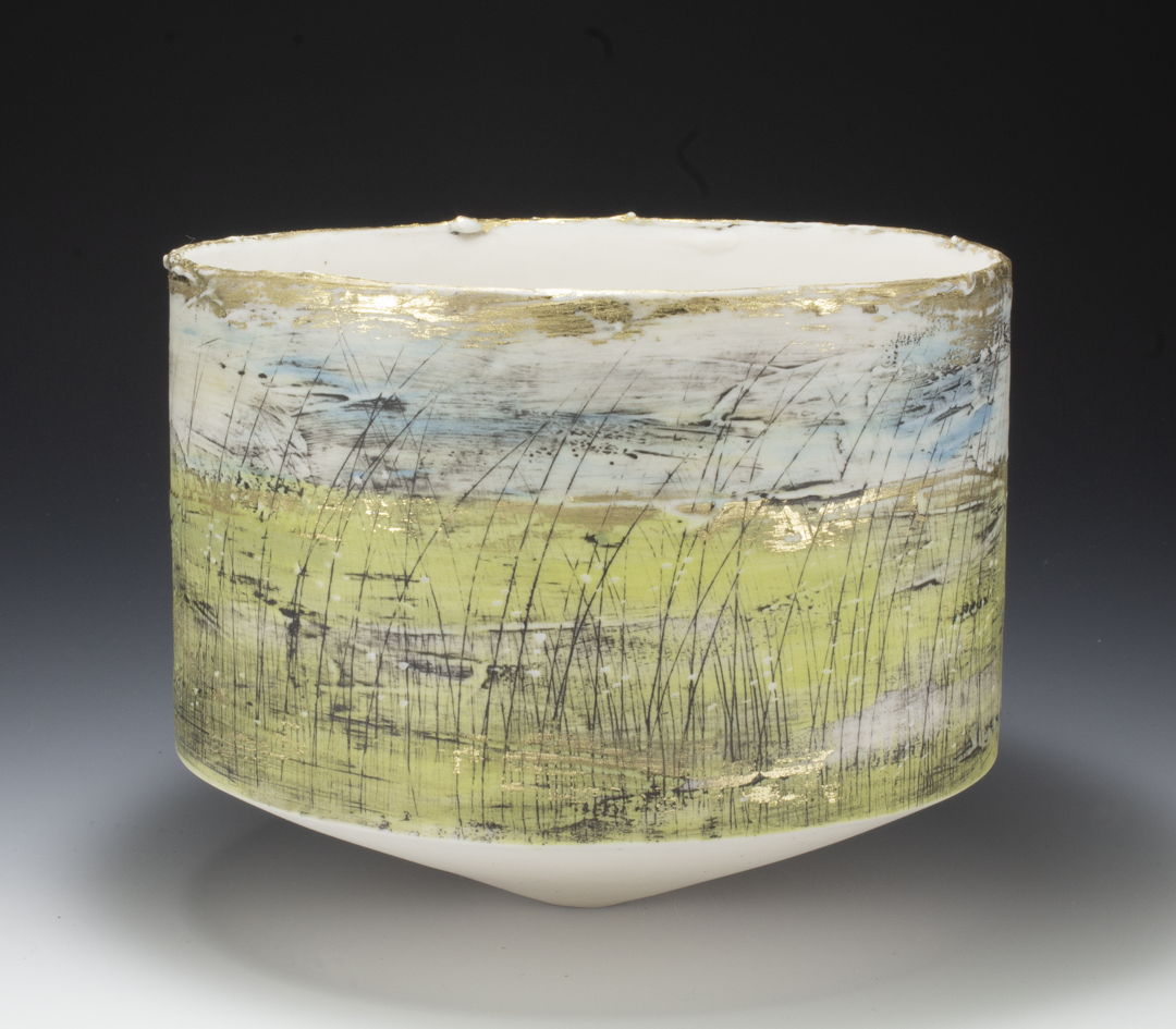 Porcelain vessel with fine brushwork in green, blue and accents of gold.