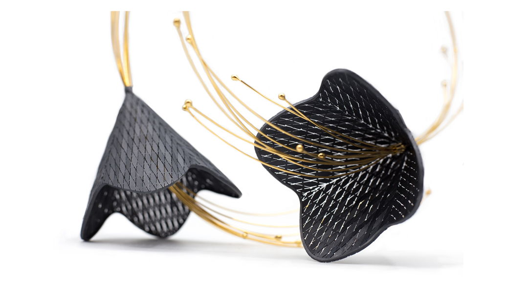 Xinia Guan Necklace: Bloosm III  2020 Sterling silver  black patina  24k gold plated Argentium silver. 24 x 31 x 8 cm