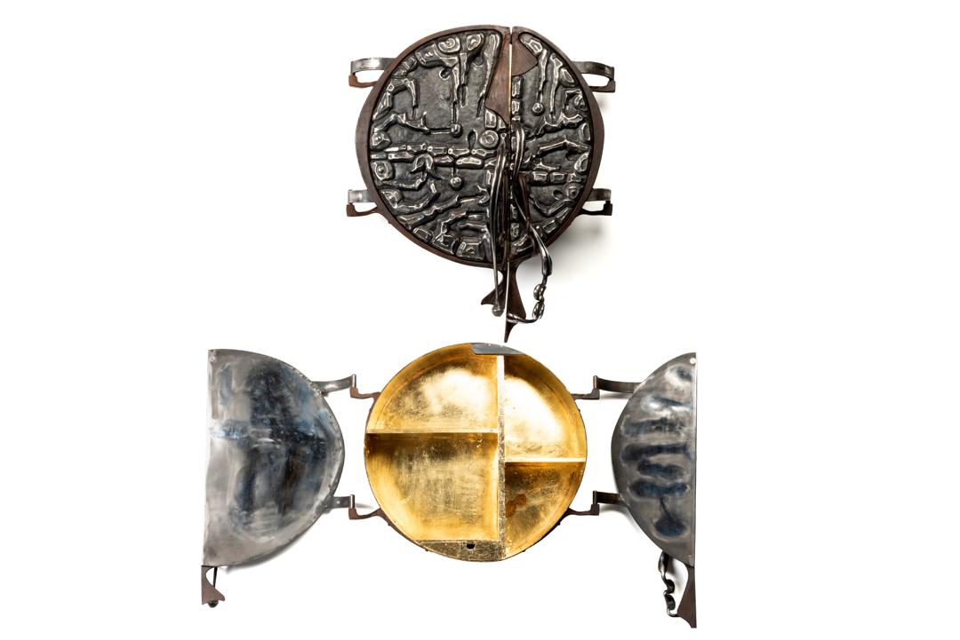 This piece  part of the engorged Eden series made in the wake of hurricane Helene uses images of fingers and references to erosion to tell a story of capitalist overreach and life in climate crisis. I use an adapted form of repousse to form the stainless steel and then polish it. The gold leaf inside is radiant and the drawer interior is black flocking