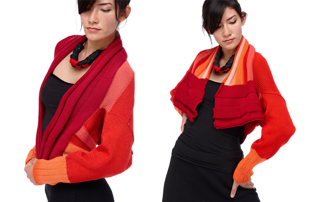 The jacket is invert-able it can be wore as long or as short  knit with 100% cotton