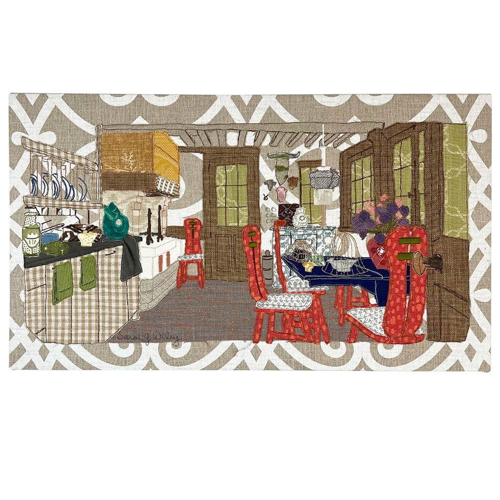 Nostalgic charm meets textile artistry in this fabric reimagining of a vintage kitchen.