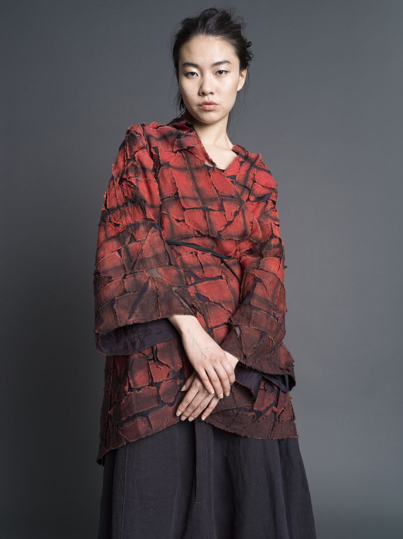 Hand-dyed itajime shibori using sustainable dyes on linen and silk organza. Deconstructed  pieced  hand-patterned  stitched  hand-cut.