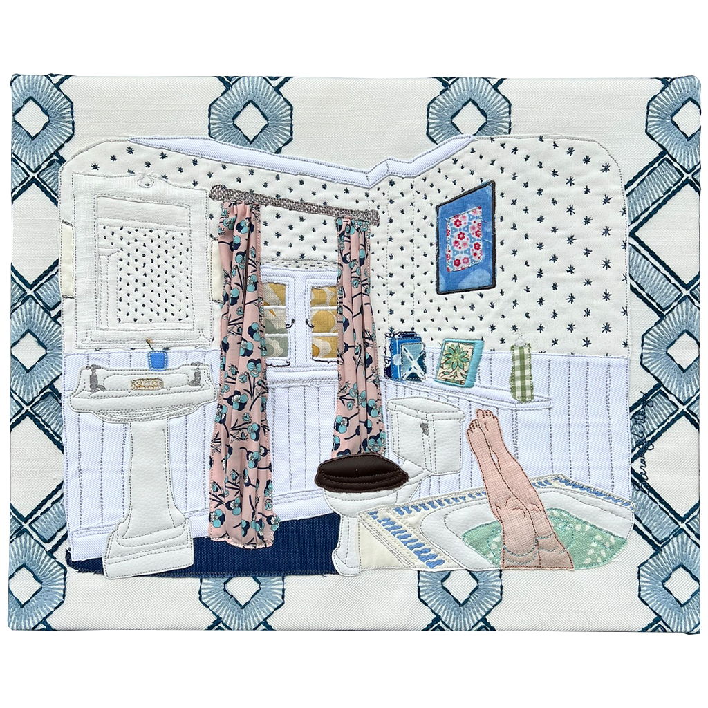 textile piece depicting woman in bath against a patterned background