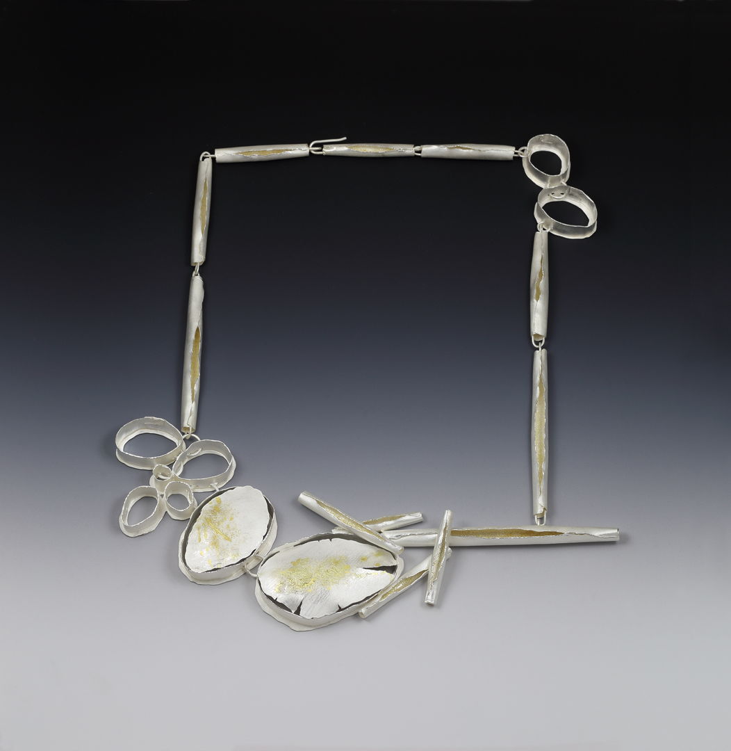 Necklace 18k gold  sterling silver Fabricated  formed  fused 18 k gold dust on sterling