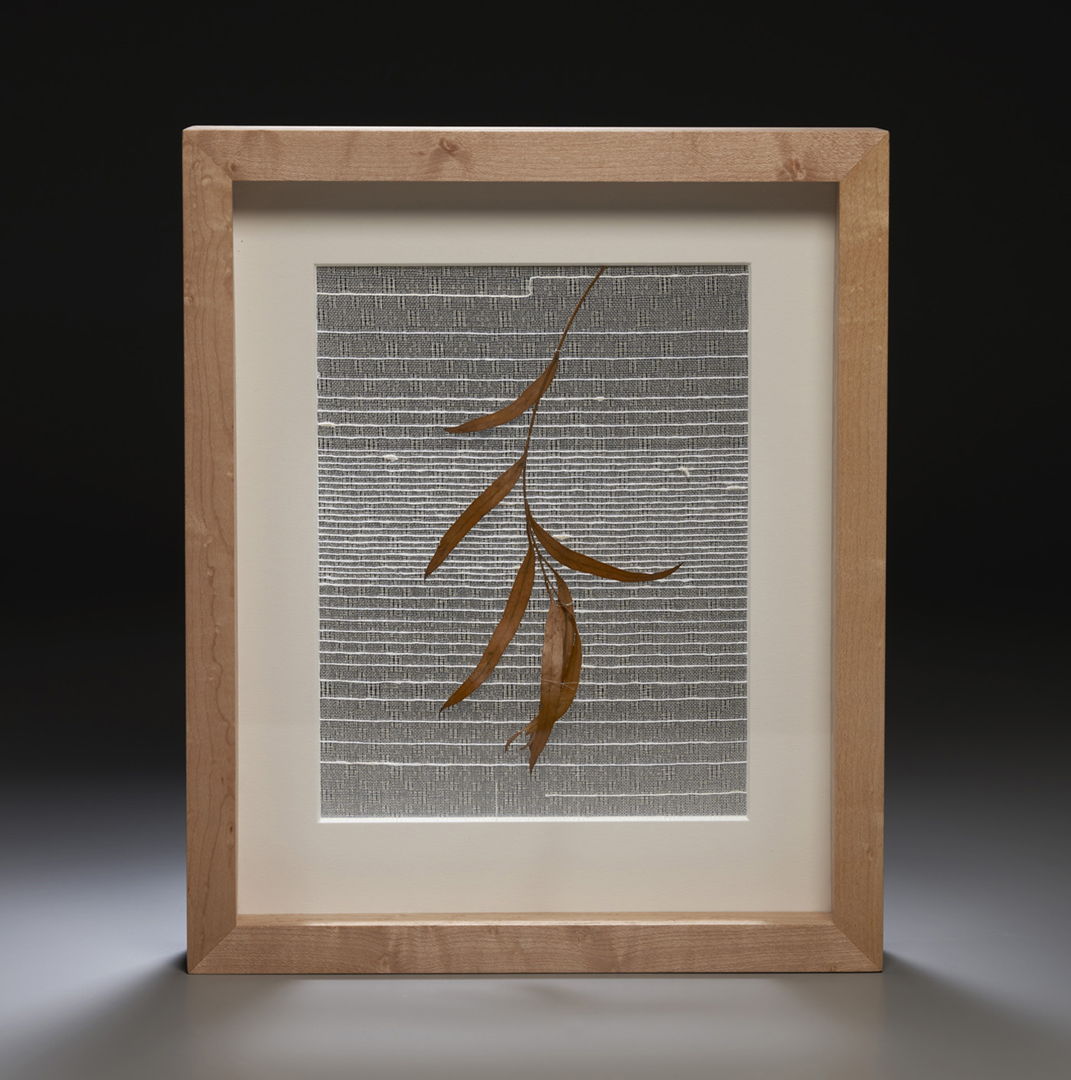 Handwoven silk  hand spun kozo and brass with eucalyptus.