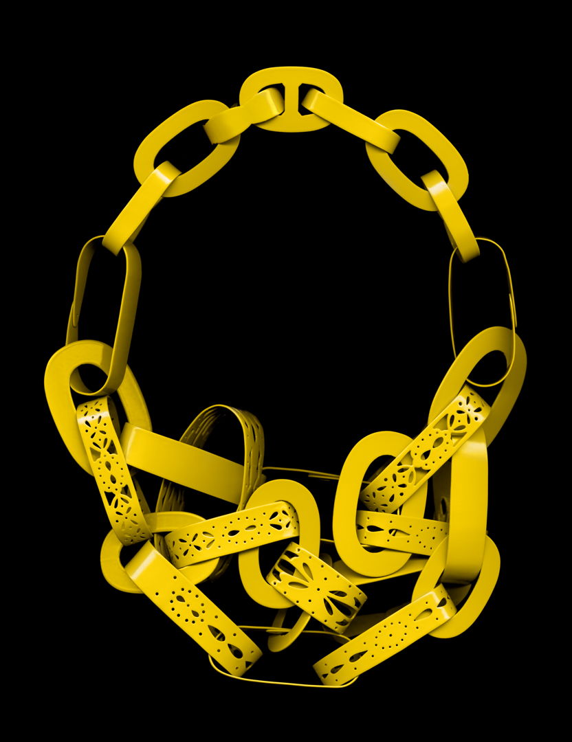 Hand cut and formed brass powder coated in bright yellow.