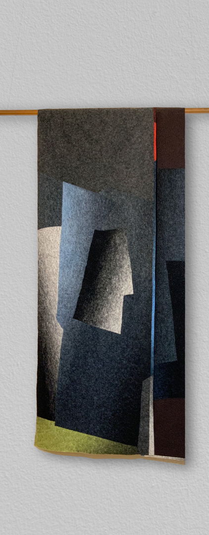 This shawl illustrates how my designs are pieced together from independently treated fabrics. Using this piece-meal approach  i am able to put the shawl together like a large-pane Mosaic with each component panel cut to fit the final composition.