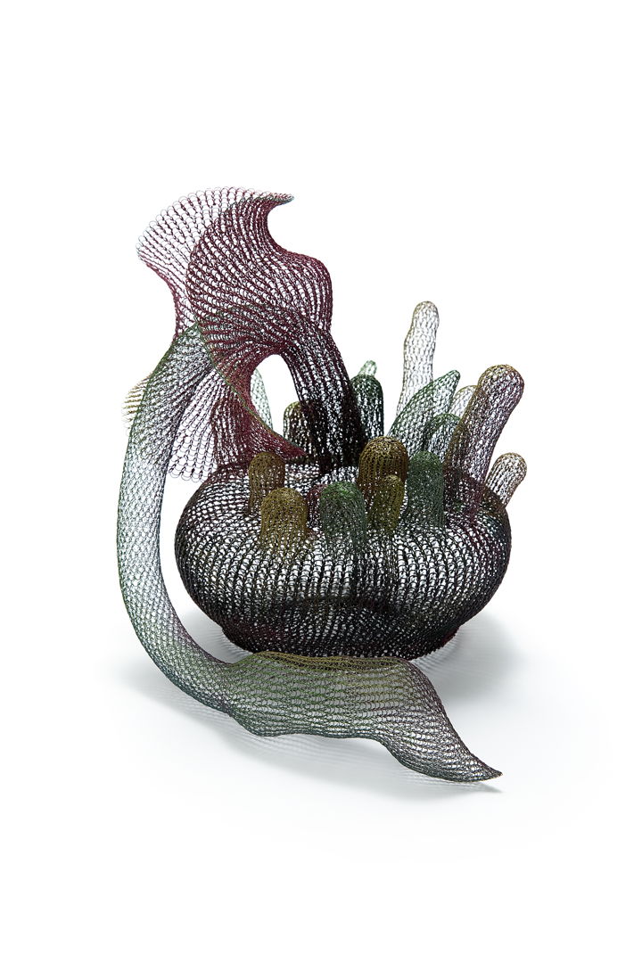 Used a crochet technique (weaving technique) to fabricate the piece. After that paint Ottchil on it and bake it in a kiln. Materials: steel wires  copper wires  brass wires  and Ottchil (East Asia lacquer)