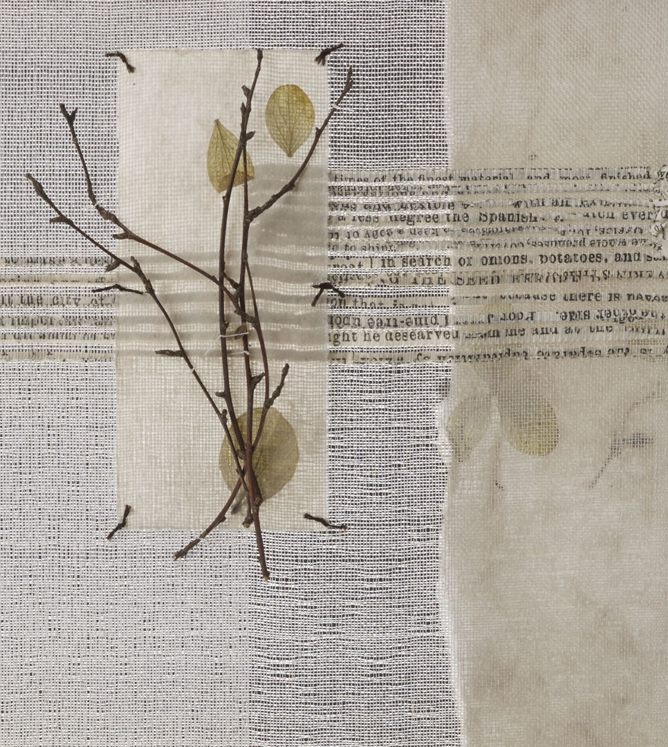 Handwoven silk  antique text with handmade paper  and twigs  stitched