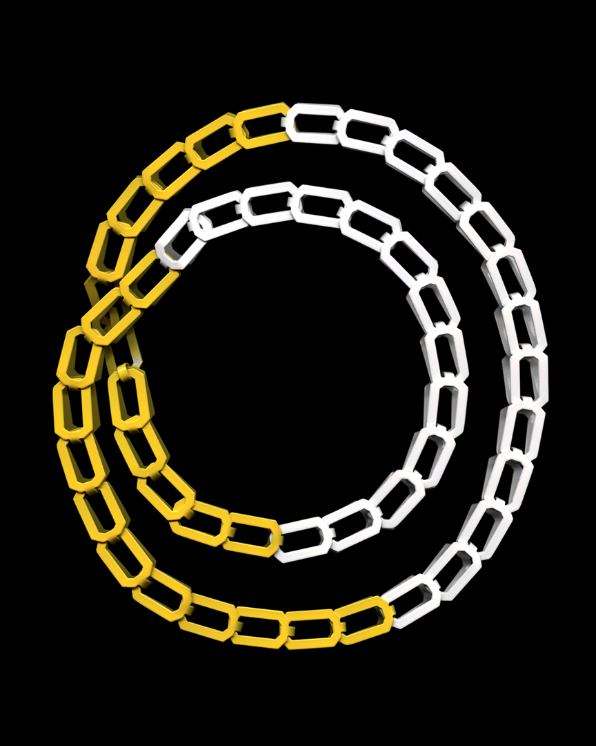 The Long Square Chain Necklace is cut from brass  formed and powder coated in 2 shades of yellow. The integrated design of the clasp  which simply slides flat  allows this necklace to be worn in any orientation to highlight the color of your choice.