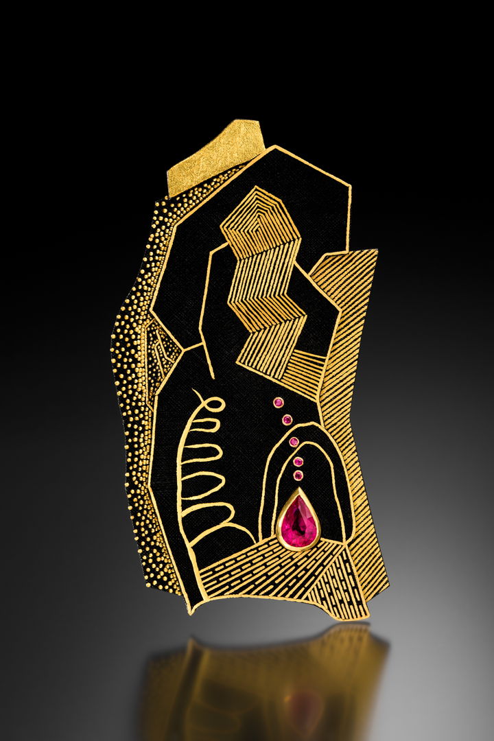 Po Mok Sang Guem(Damascene  24K inlaid on Steel) Work. 24K Inlaid on Steel with Ruby. Brooch and Pendant.