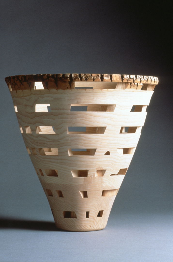 White ash; USA "(Window vessel" Series. Bandsawing  laminated  carving and disc sanding techs.