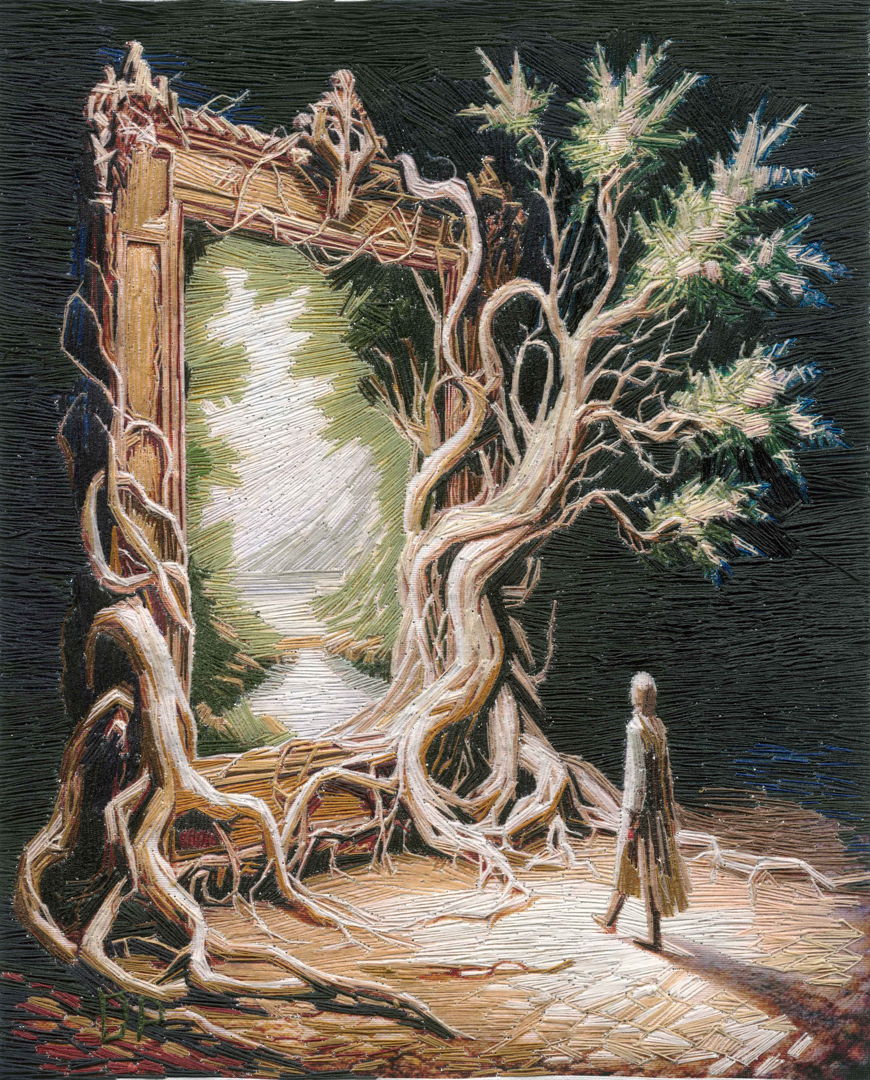 This hand embroidery captures a surreal moment as a lone figure approaches an enormous  twisted tree that frames a glowing portal. The ancient roots and branches entwine with the frame  merging nature and mystery. Through the portal  a serene landscape beckons—symbolizing a journey from shadow into light  from present into the unknown future.