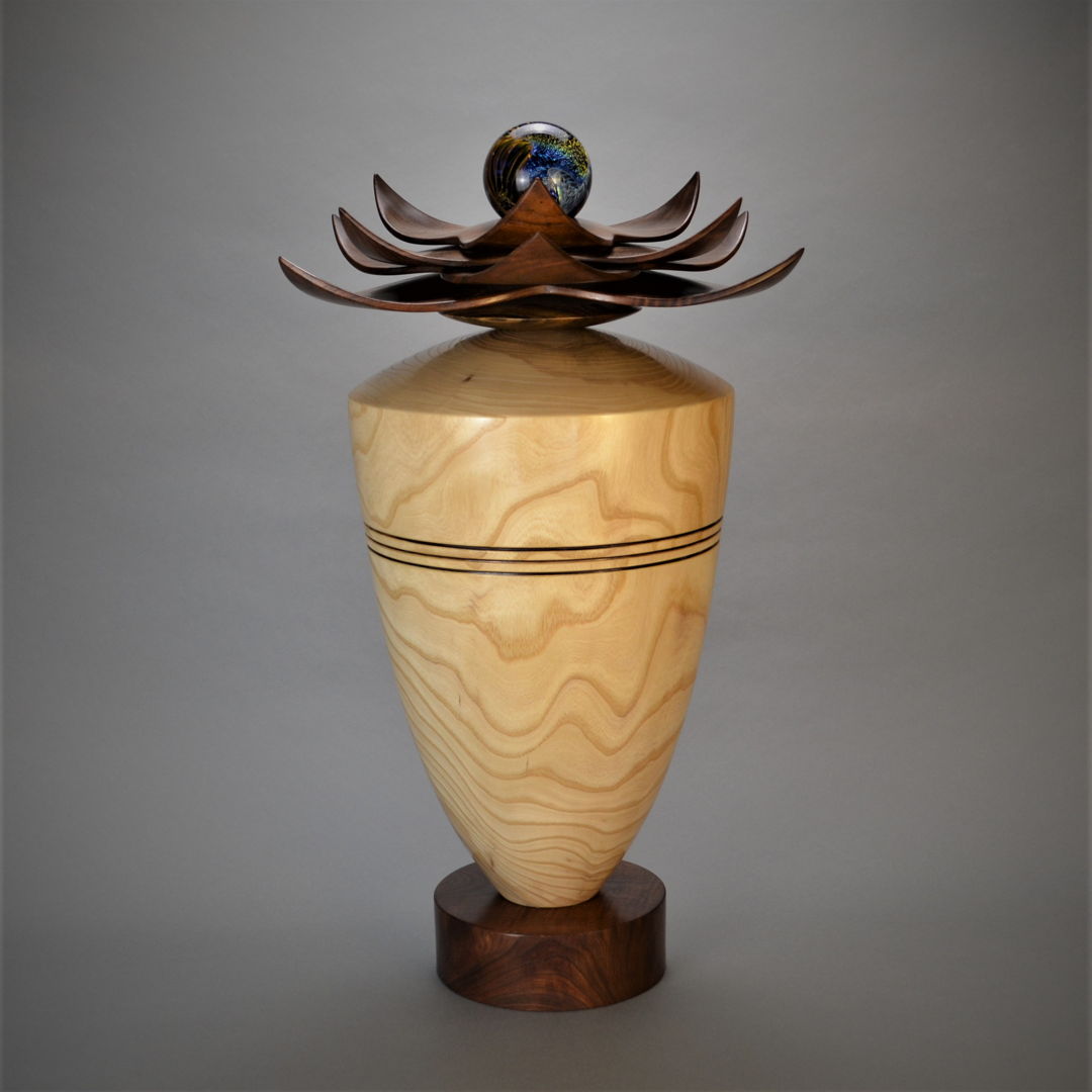 Hollowed out Ash Vessel with Walnut Contemporary Lotus Blossom &amp; Walnut Base  topped with 2.5\" Glass Sphere.