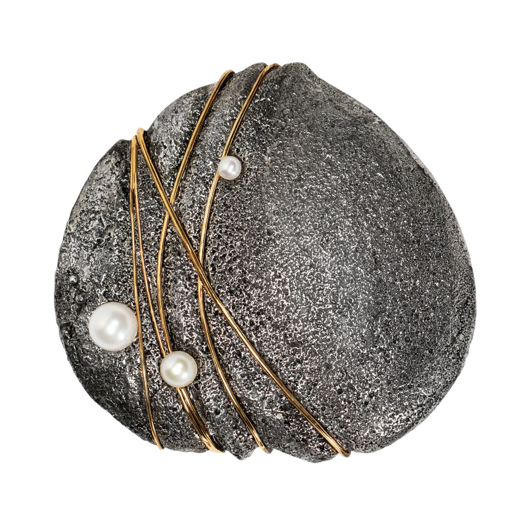 'Forgotten in Time Collection'' Collection. The golden threads of empathy unite people despite their differences and contribute to positive change in our world. It is handmade in oxidized sterling silver  accented with 18 k vermeil gold and finished with freshwater pearls.