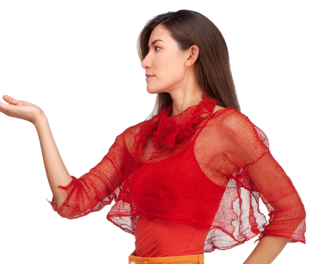 Cropped topt and scarf knit with silk stainless steel thread. It is transparent and beautiful to layer.