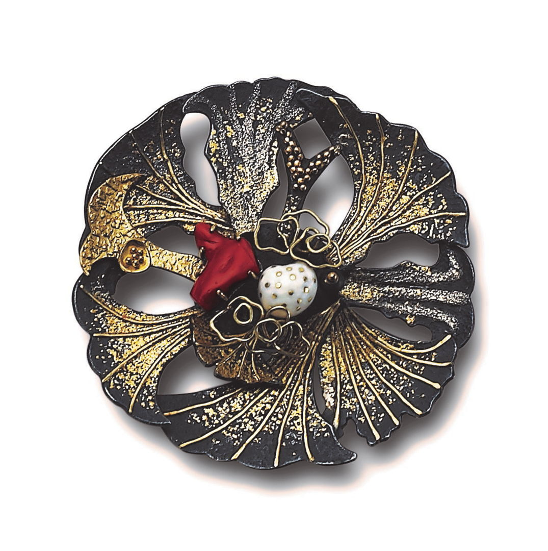 Crafted with 18k  22k  and 24k gold  and platinum fused on oxidized sterling silver  accompanied by coral  ivory  and shakudo. This piece epitomizes artistry and sophistication.