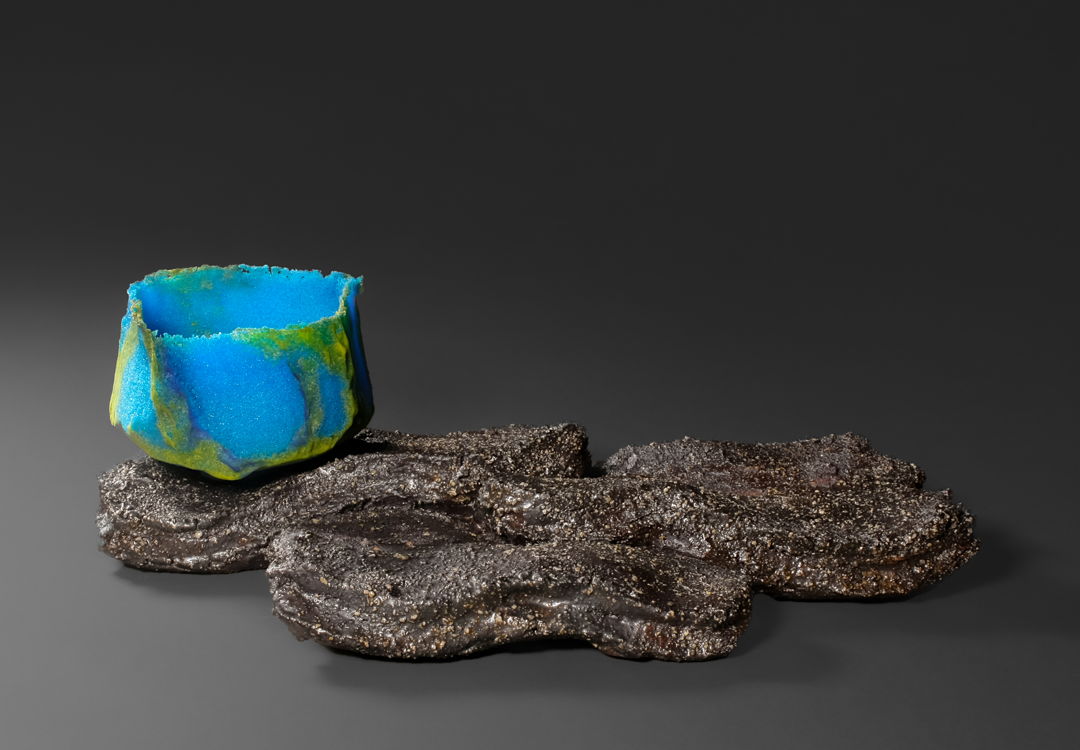 Pate de verre chawan on wood fired  hand dug North Carolina clay base.