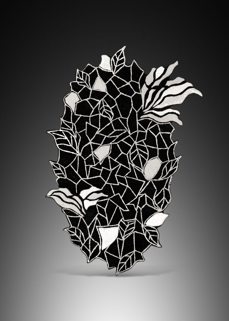 Pure silver inlaid on steel. Brooch/pendant.