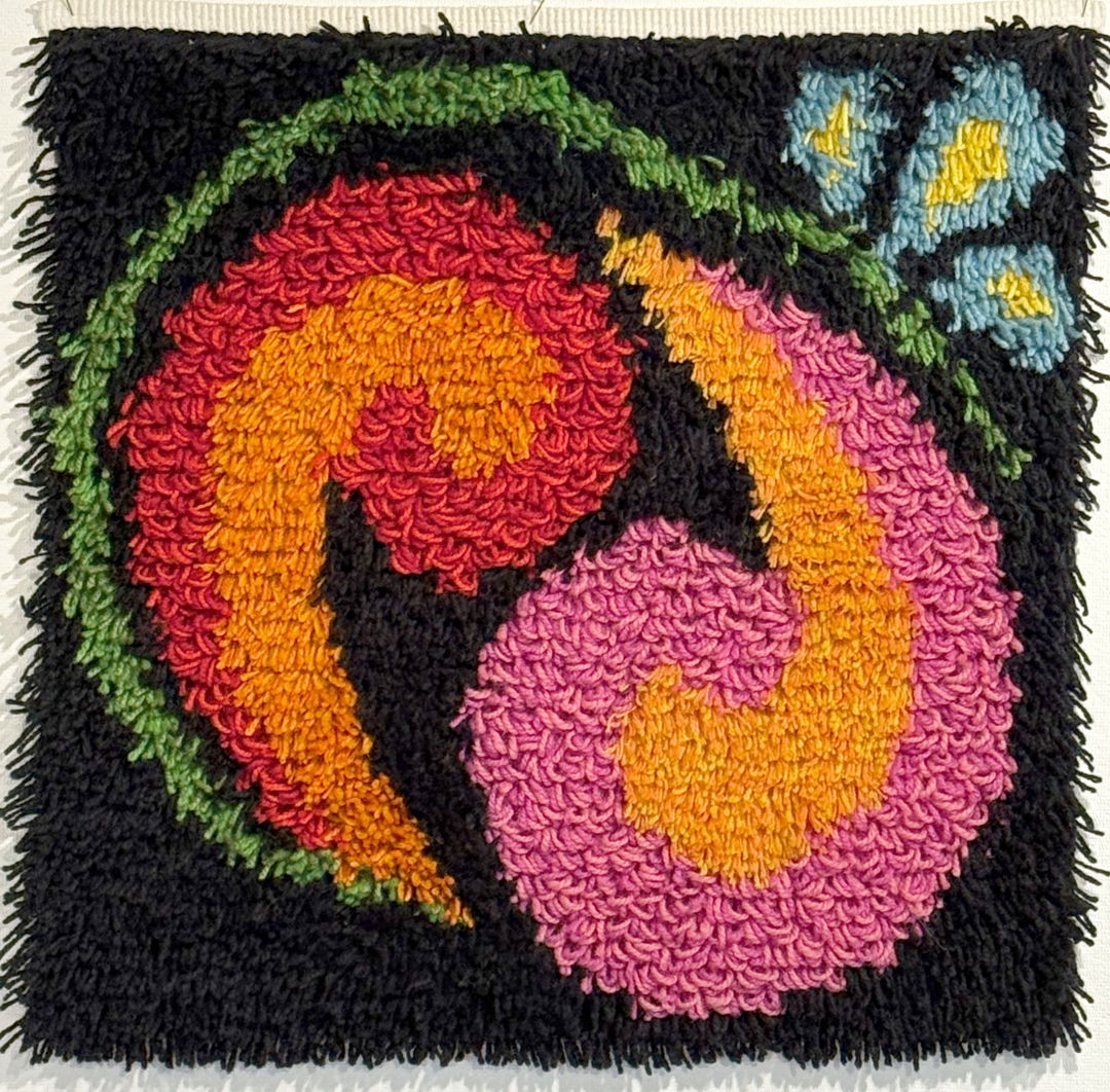 Handwoven backing of linen and wool. Hand knotted wool. Cut and uncut pile. To hang on the wall or use as a rug.