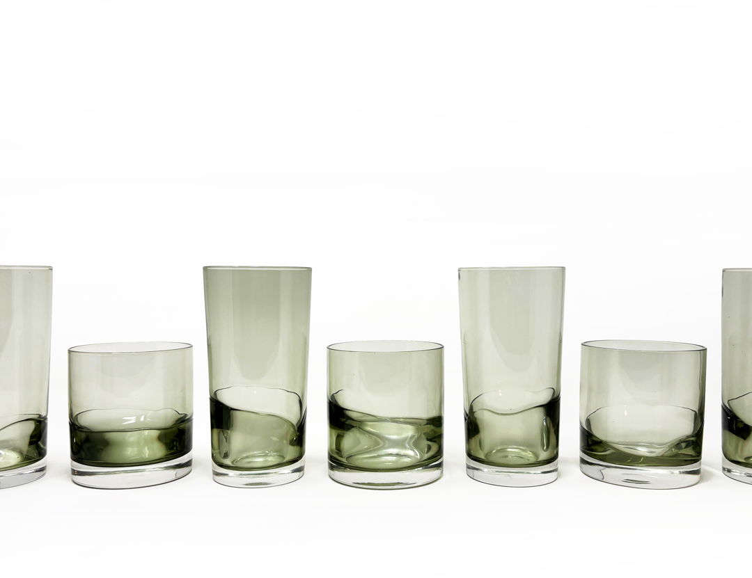 Low Tide water glass (12 oz) and Low Tide rocks glass (10 oz) in misty grey