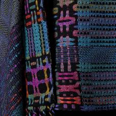Hand dyed colors in combined weaving structure  close-up view of Blocks and Echo Shawl