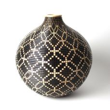 Turned and hollowed Maple vessel embellished with pyrography and hand-dyed with archival ink to give the appearance of a woven basket.