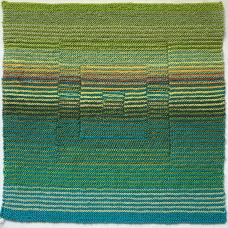knitted square depicting four layers of a striped pattern, offset to give the effect of some of the layers being raised up