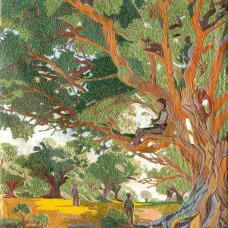 This hand embroidery depicts a serene scene of a boy sitting high in the branches of a sprawling tree  immersed in a book. The rich threads bring the tree to life with textured bark and lush green foliage. Below  figures walk peacefully beneath the canopy  evoking a sense of quiet reflection and connection with nature.