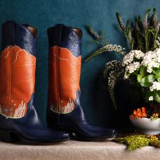 Bespoke boots in blue ostrich leather and burnt orange vegetable tanned leather.