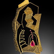 Po Mok Sang Guem(Damascen 24K inlaid on Steel) Work. 24K Inlaid on Steel with Ruby. Brooch and Pendant.