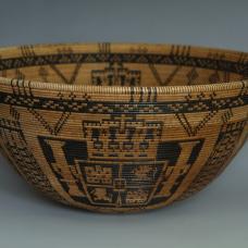 Large basket turned on a lathe with hard maple wood. Color in the pattern is India Ink with a burning pen to complete the process.