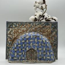 Hand built vase  depicting a recessed archway  and a wall  all hand painted  inspired by Spain.