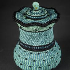Double walled basket with lid Waxed linen cordage with turquoise finial