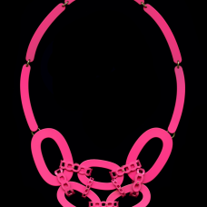 The Chaos Chain 02 is part of my Linked series and the design is based on the iconic chain link motif. I have exaggerated and manipulated different areas and drawings of a chain link to create a new necklace that speaks to the history or jewelry but with a contemporary aesthetic. The necklace is hand-cut from brass  hand fabricated and powder coated hot pink.