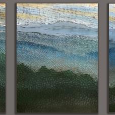 This carved wood panel triptych depicts a morning mist settling over the Shenandoah Mountains.