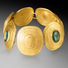 Rosecut green tourmalines (8ct total) set in 22k gold bezels with 18k backing and hand fabricated concentric &amp;quot;zen garden&amp;quot; circular design.