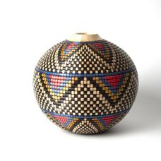 Turned and hollowed Maple vessel embellished with pyrography and hand-dyed with archival ink to give the appearance of a woven basket.