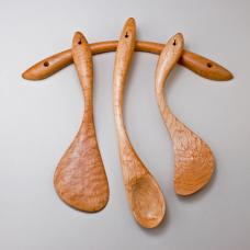 Hand-carved  hand-sanded Set of Three Cooking Utensils in Birdseye Maple. Intended as a wall-hanging sculpture as well as functional  durable utensils.