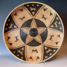 Lathe turned wood tray. Design adapted from Apache woven basket. Pattern detail added with India Ink and pyrography.