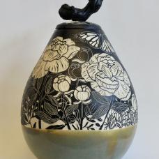 Peonies is a handbuilt ceramic pot made from stoneware clay, the lid has a reclaimed  stained grapevine wood handle.