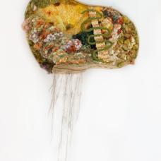 The bent wood frame pushes the work off the wall to create crevices and pockets  a play of what we can see and what is hidden. The yarn builds up texture and is playing off the botanically dyed cloth in the background to reference landscape.