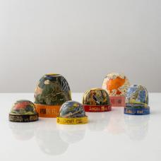 Materials: stoneware  glazes  gold luster Dimension listed is for the largest piece Prices range from $175- $450 Technique: handbuilt  underglaze painting