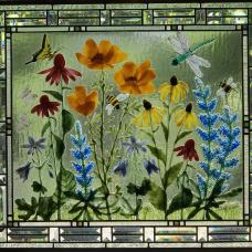 Fused glass botanical flowers created using glass powders and frit  kiln fired for a dimensional surface.