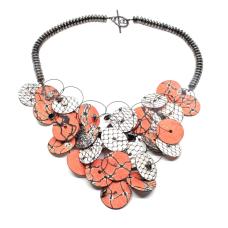 A necklace made of washable paper (cellulose + synthetic latex) printed on an etching press with soy-based archival inks. The paper petals are lashed together with ceramic beads and stainless steel cables. This piece has a hand fabricated sterling silver toggle clasp.