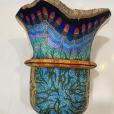 This natural edge Holly form was created through an intuitive  largely unconscious process where one shape stimulates another shape  and one color stimulates another color. No pencil lines to prepare or plan for the design. It has 7 unique elements as you circle around the entire form. Efforts were made to honor the natural defects in the wood.