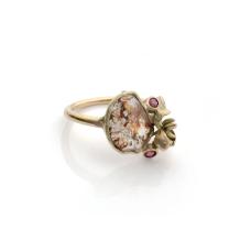 1.3ct Natural red diamond  0.27ctw rubies  recycled 14k yellow gold  akebia. Natural cast and fabricated.